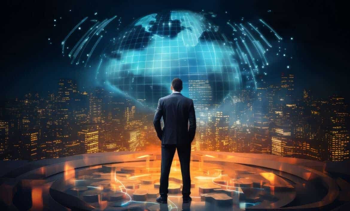 Businessman analyzing global digital network and data visualization.